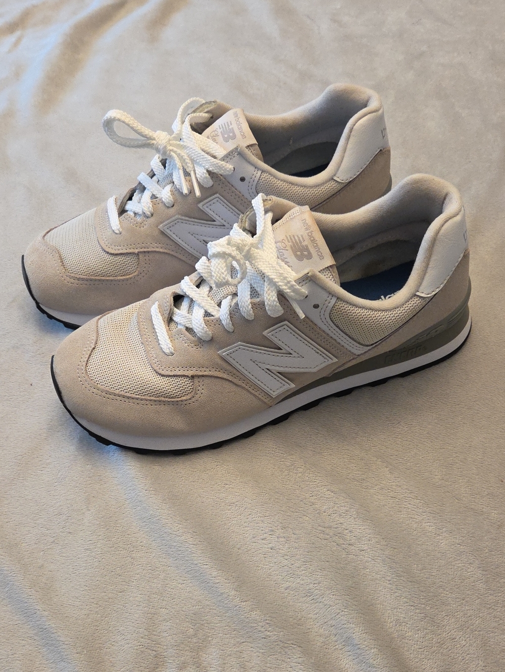 New Balance 574 Sneakers, Size 10, Grey & White